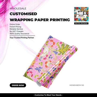 Customised Wrapping Paper Printing showcasing vibrant floral design with online order details and quality assurance.