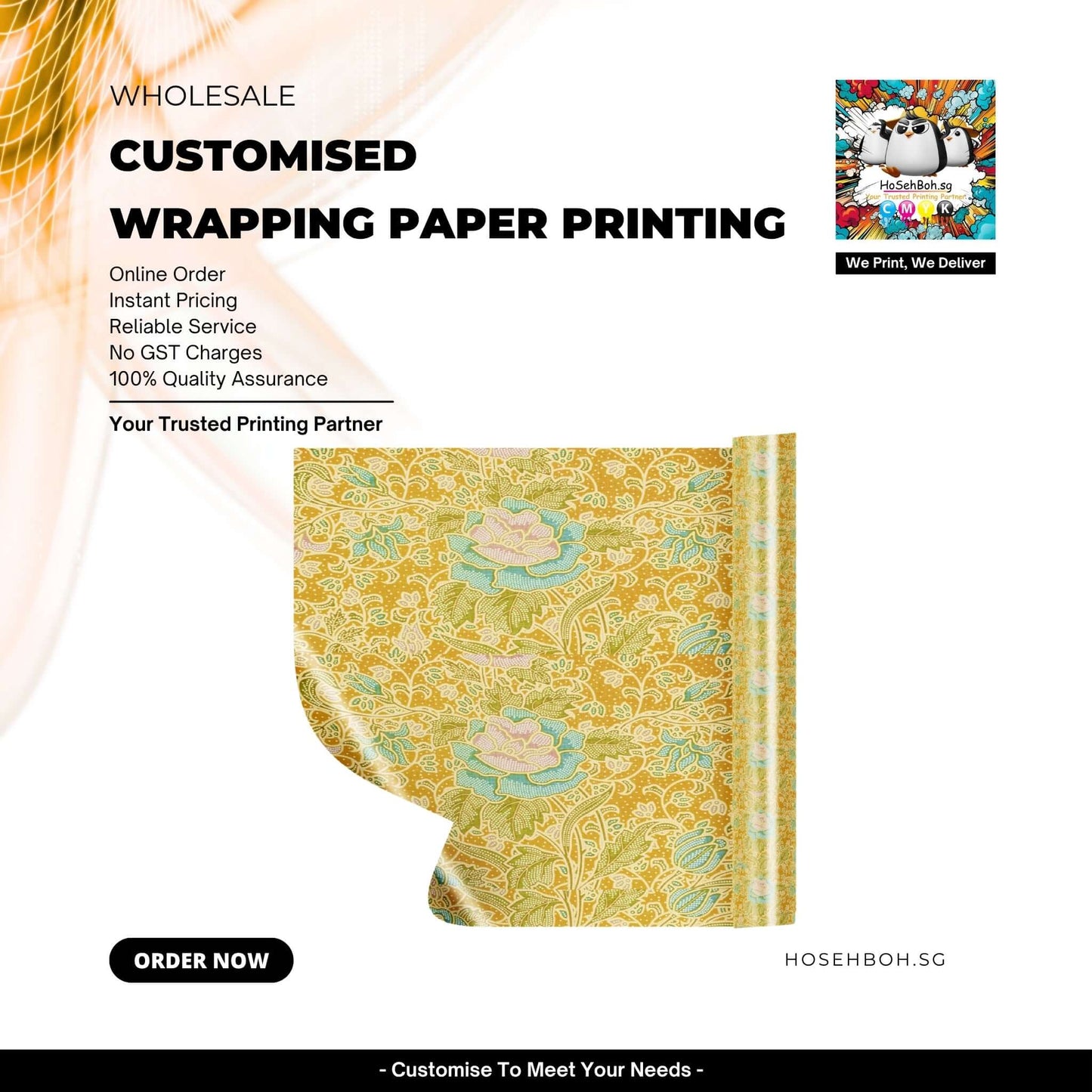 Customised Wrapping Paper Printing with floral design showcasing online order and reliable service.