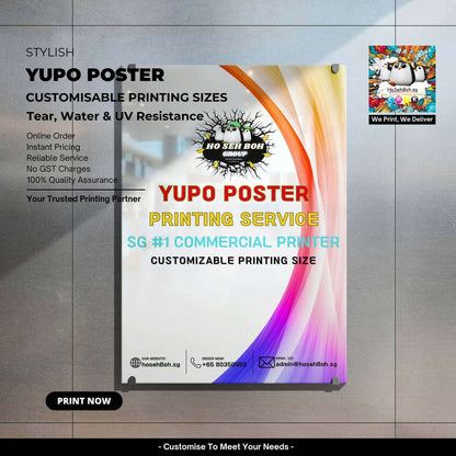 Stylish Yupo poster showcasing customizable printing sizes, tear, water, and UV resistance. Order online for quality service.