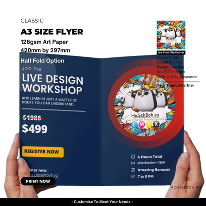A3 size flyer printed on 128gsm art paper, showcasing live design workshop details and registration info.