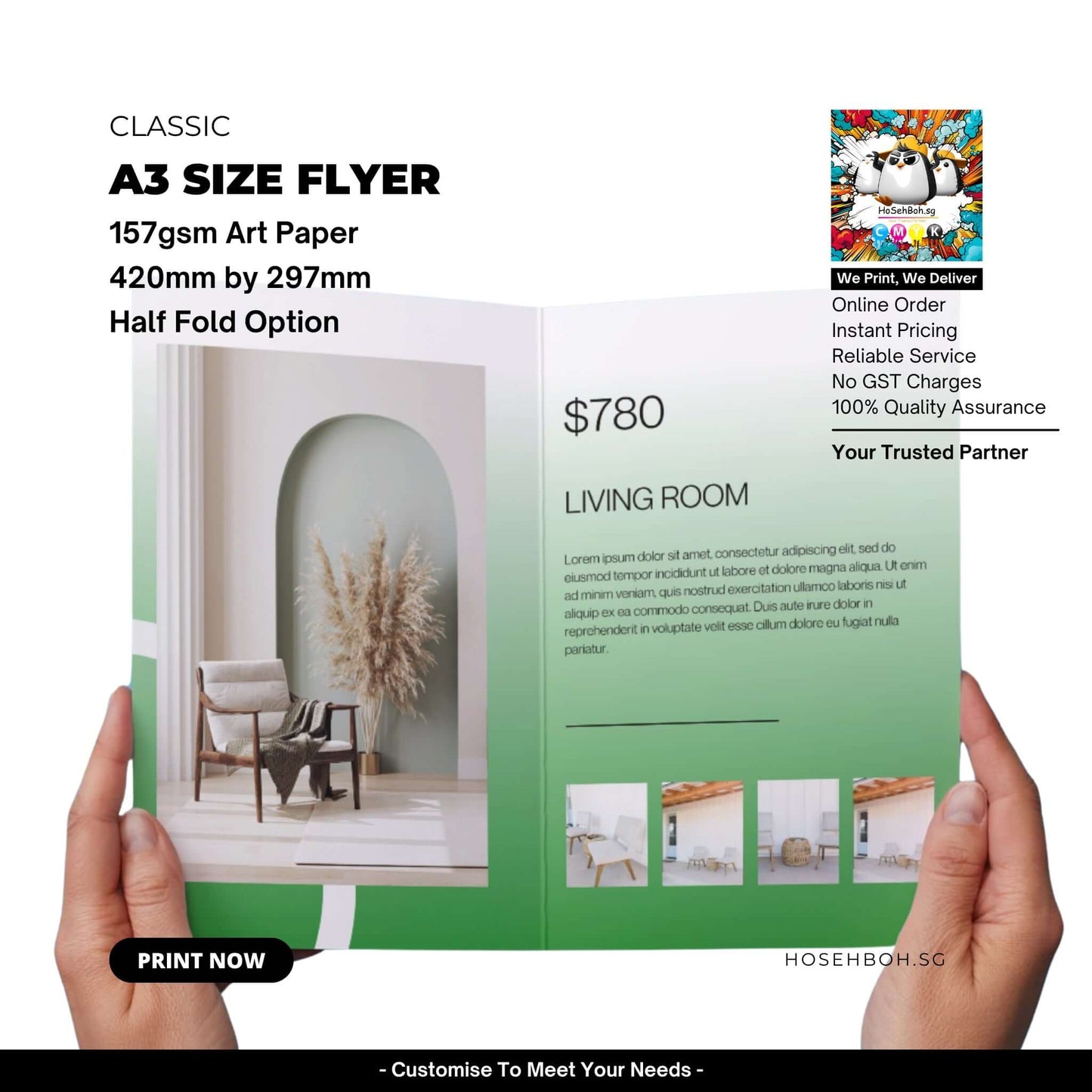 A3 size flyer printed on 157gsm art paper, showcasing a half-fold design for living room decor.