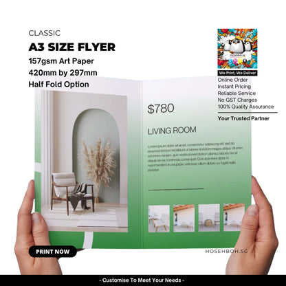 A3 size flyer printed on 157gsm art paper, showcasing a half-fold design for living room decor.