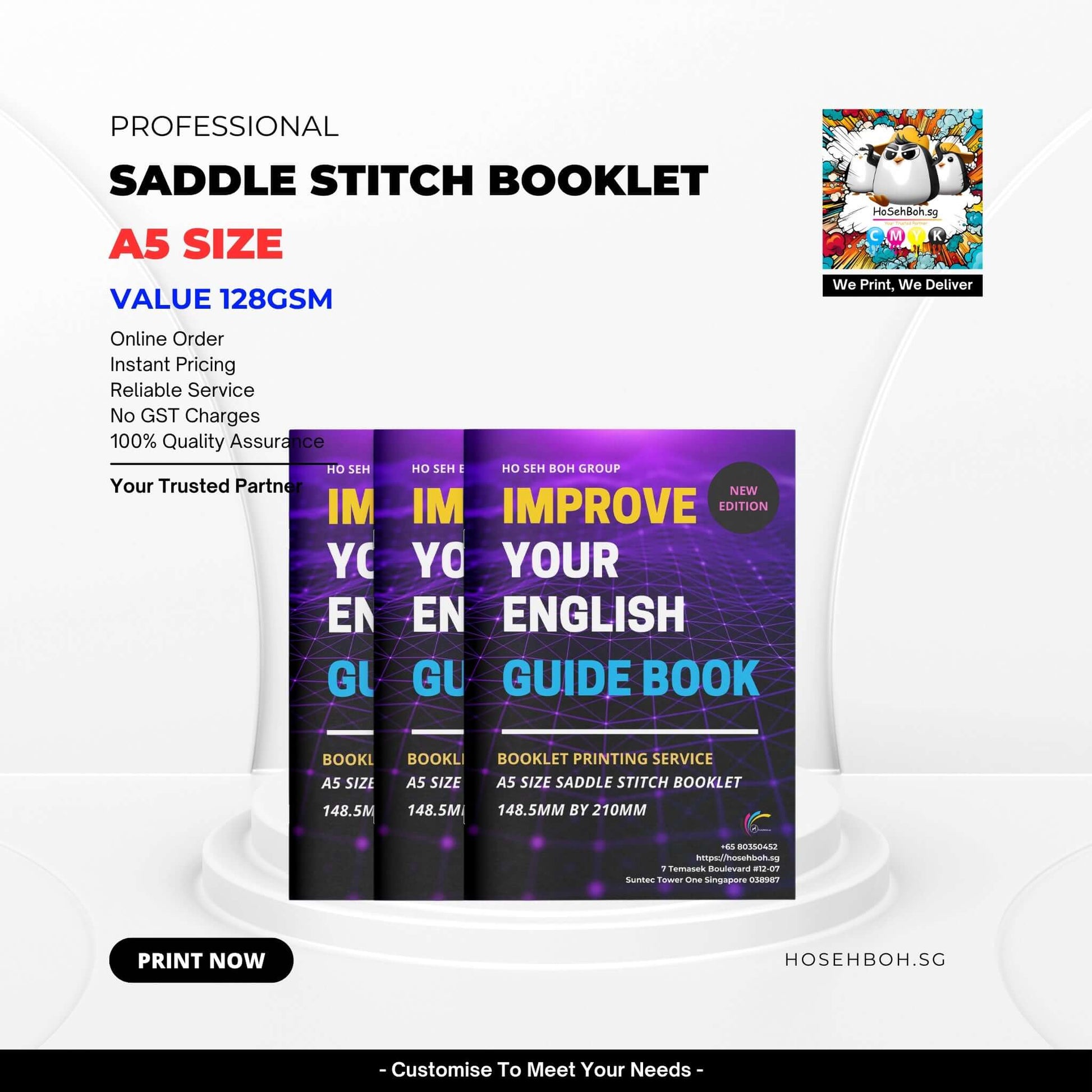 A5 Booklet showcasing saddle stitch printing service with 128gsm art paper for English guide book.