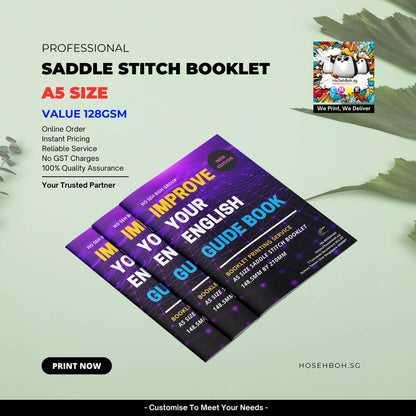 A5 Booklet featuring Saddle Stitch design with 128gsm paper available for printing in Singapore at Hoseboh.