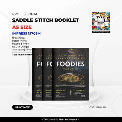 A5 Booklet showcasing Saddle Stitch Booklet printing service with 157gsm art paper for professional use.