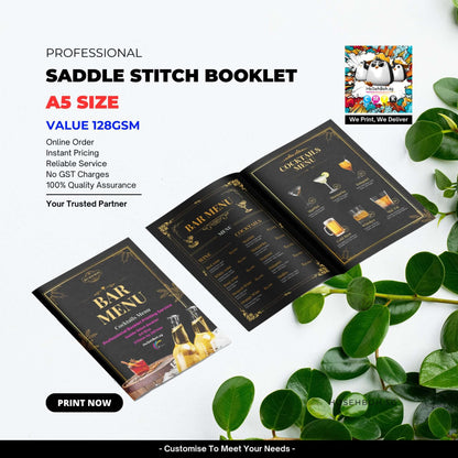 A5 Booklet showcasing a saddle stitch value print with 128gsm art paper for menus and cocktails.