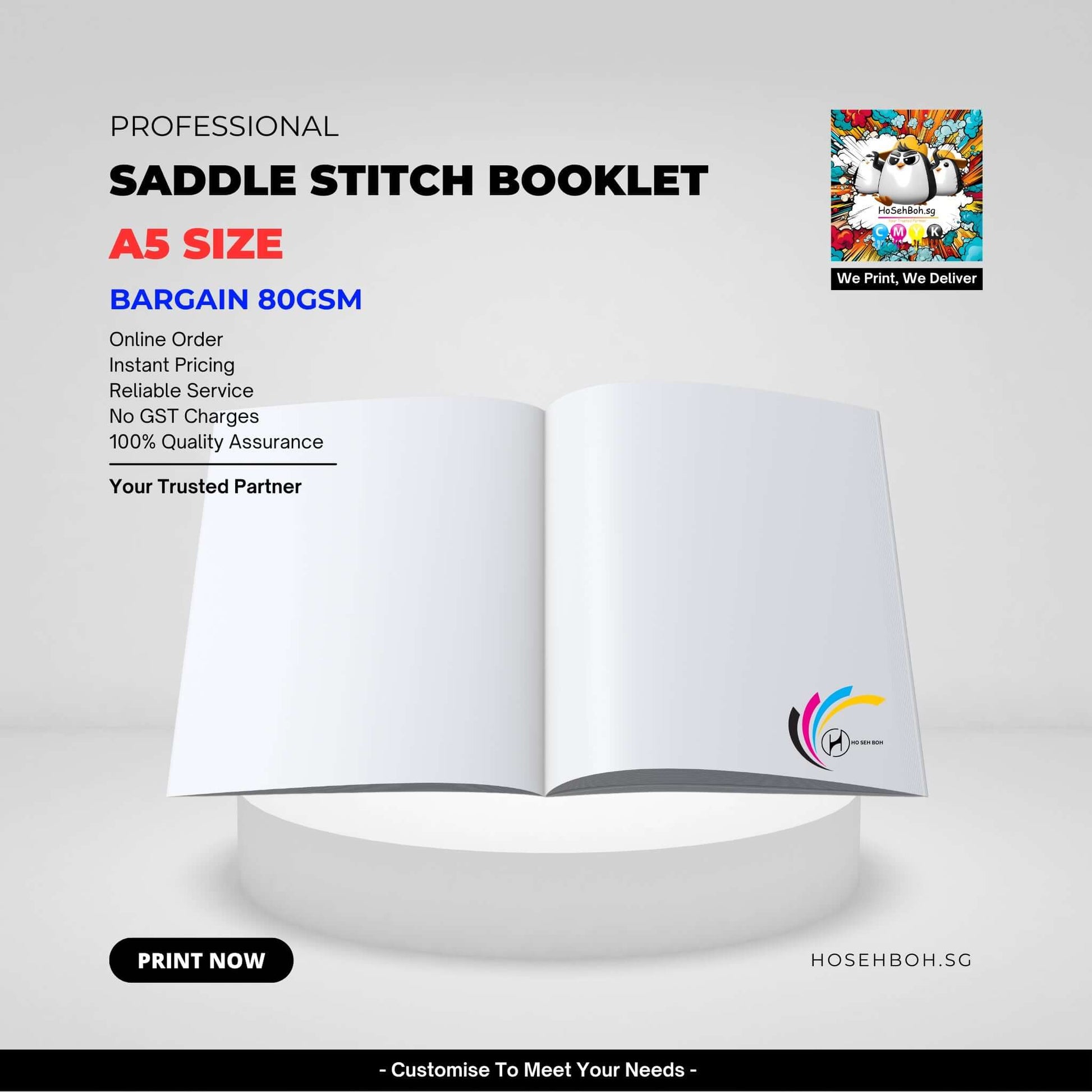 A5 Booklet - Saddle Stitch Bargain Print showcasing open pages with promo details on pricing and quality assurance.