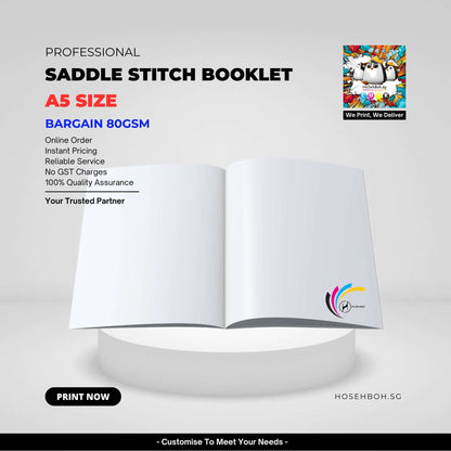 A5 Booklet - Saddle Stitch Bargain Print showcasing open pages with promo details on pricing and quality assurance.