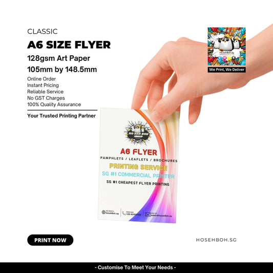 A6 size flyer showcasing print services on 128gsm art paper, highlighting online order and quality assurance.