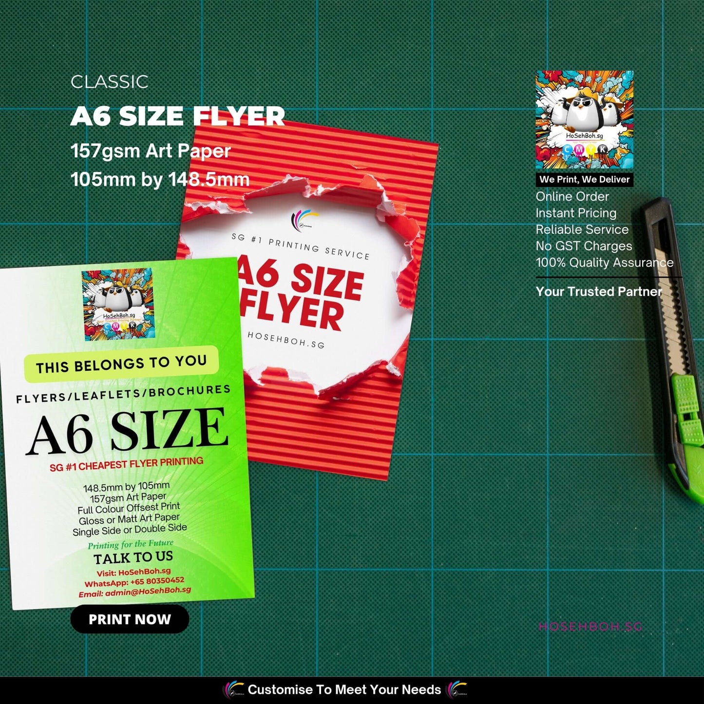 Eye-catching A6 size flyer in 157gsm paper showcasing vibrant designs, perfect for promotions in Singapore.