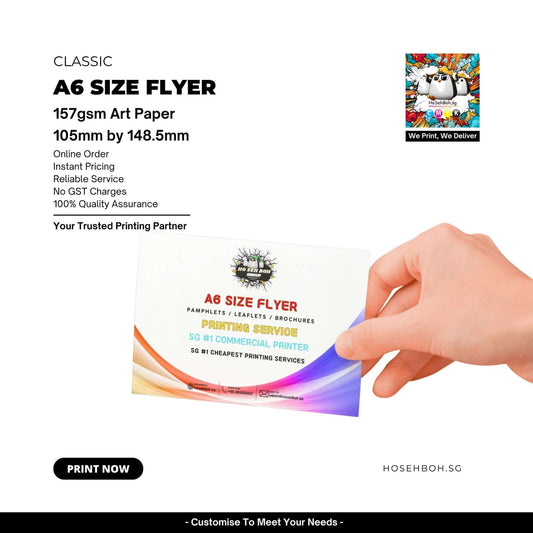 A6 size flyers featuring 157gsm art paper, highlighting printing services and online order options by Hosehboh.
