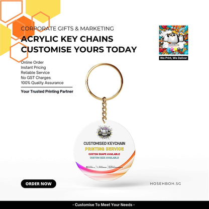 Acrylic keychain printing service advertisement showcasing customized keychains with quality assurance by Ho Seh Boh Group Singapore