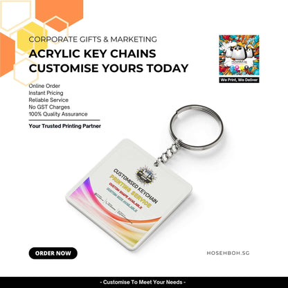 Acrylic keychain featuring customizable design for corporate gifts and marketing in Singapore.