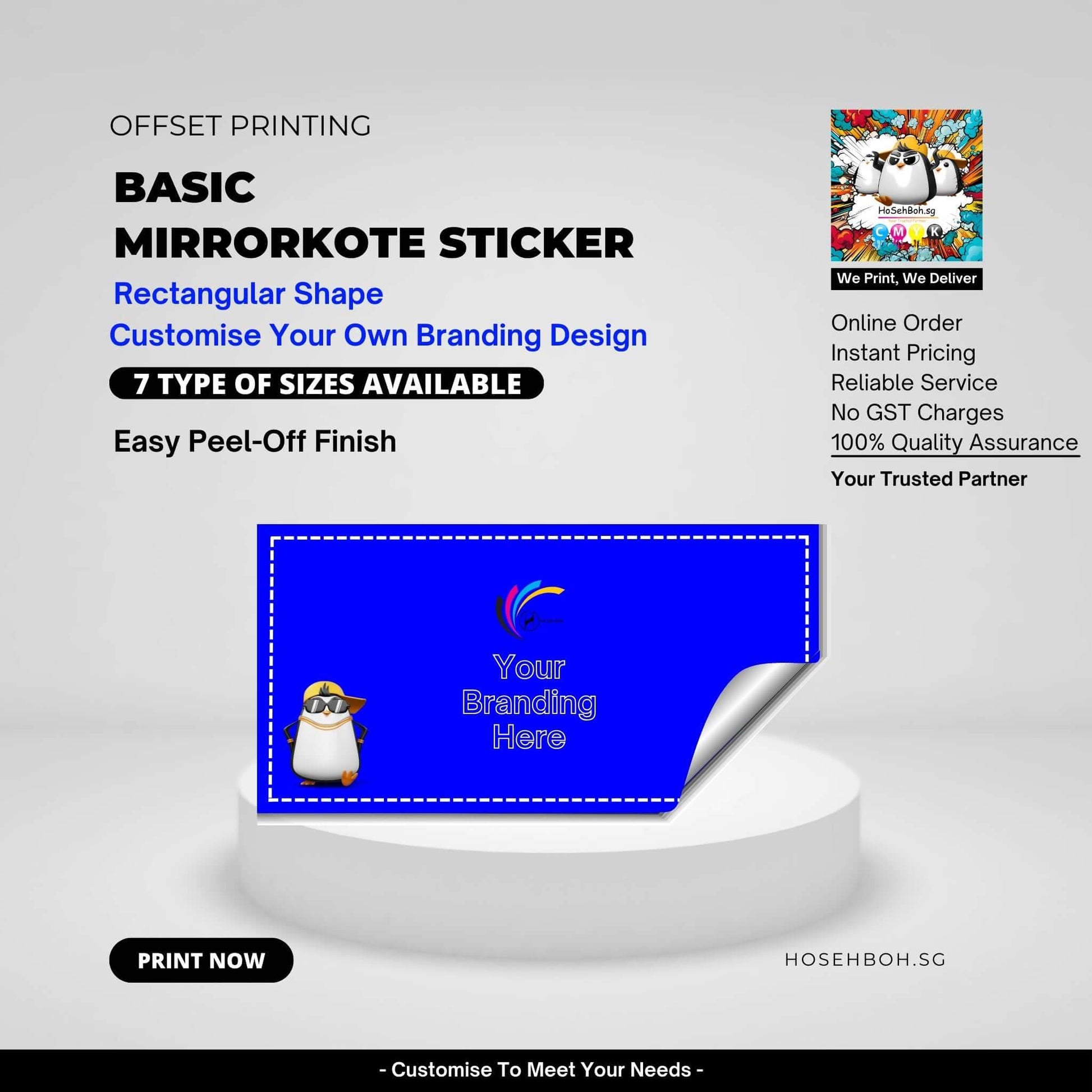 Basic Mirrorkote Label Sticker with customizable branding and easy peel-off finish, available in various sizes.