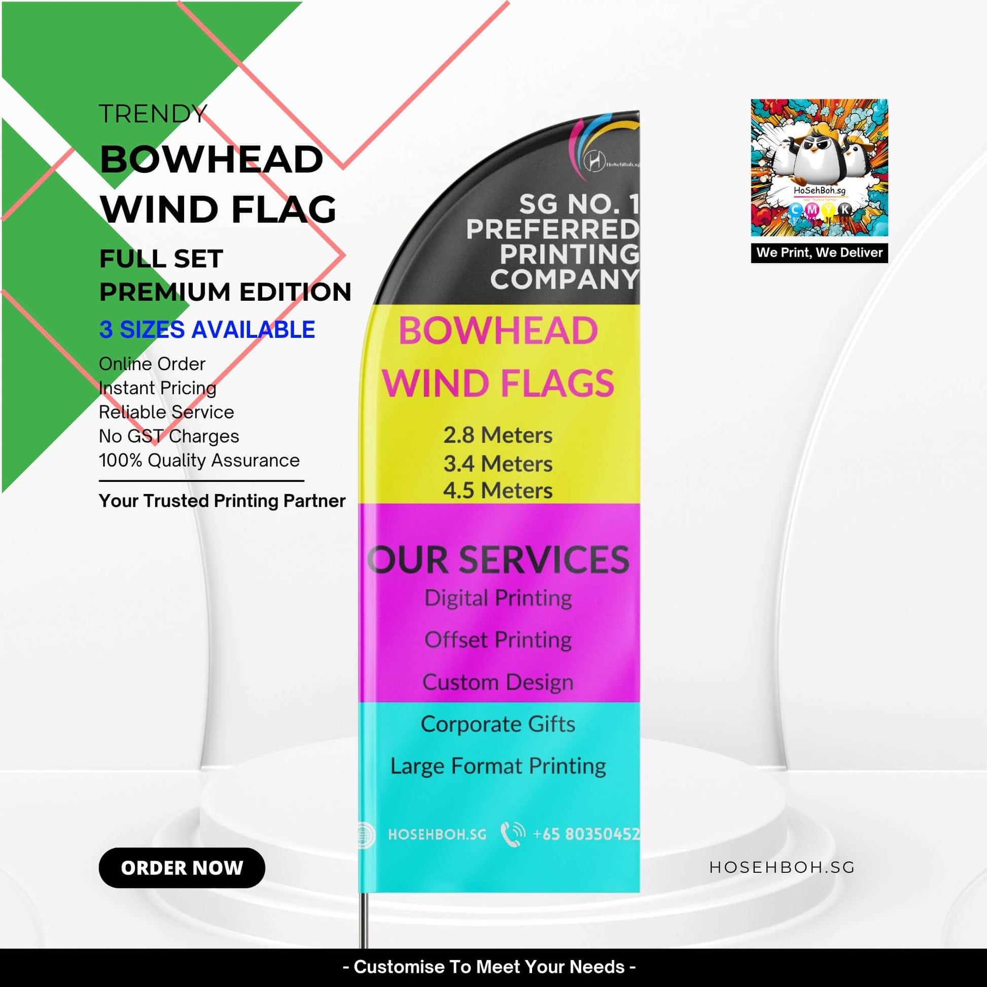 Premium Bowhead Wind Flag display, featuring vibrant design and service options from SG No. 1 printing company.