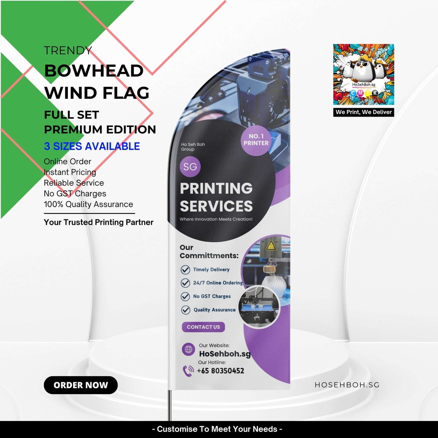 Premium Bowhead Wind Flag showcasing printing services with vibrant design, lightweight, and portable for marketing in Singapore.