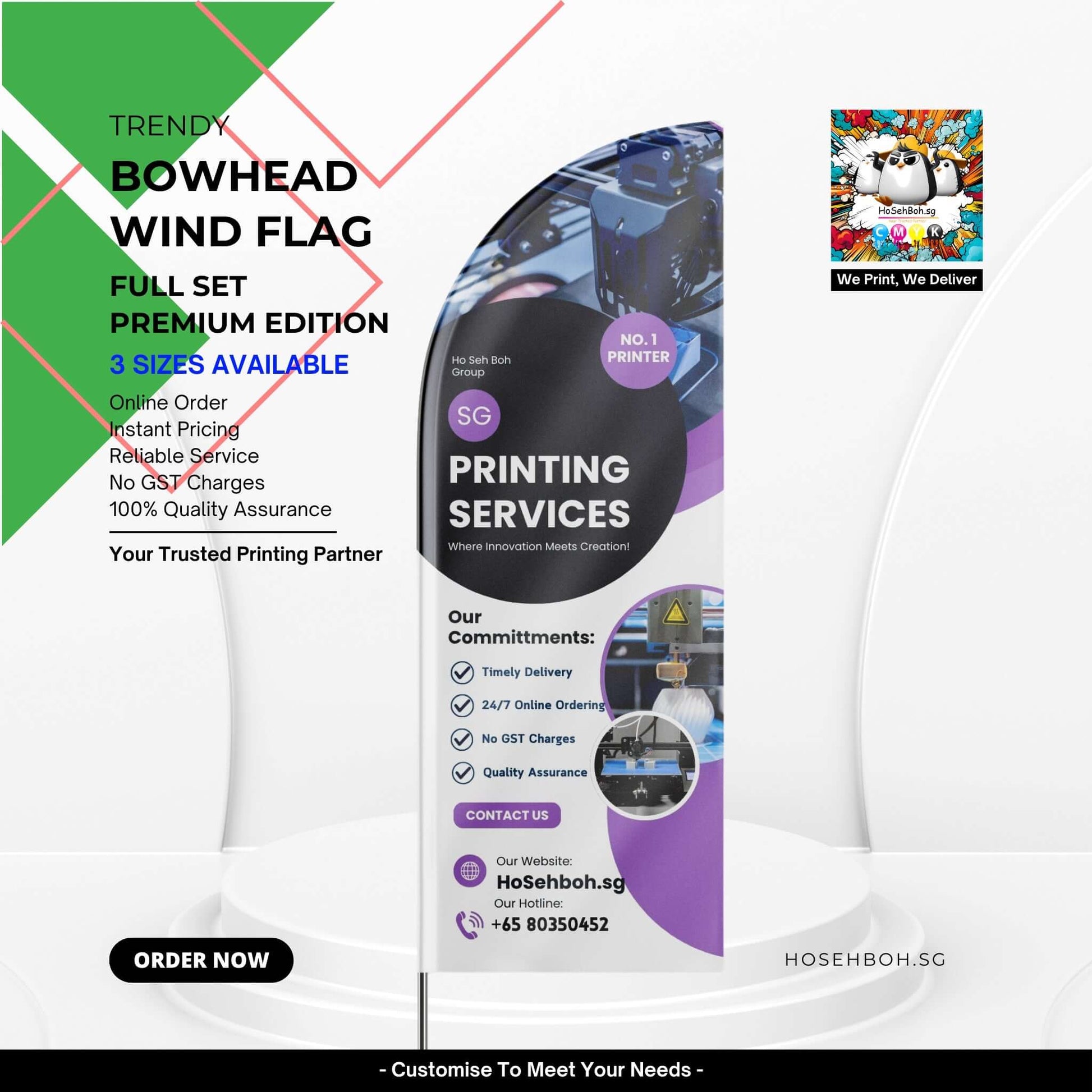 Premium Bowhead Wind Flag showcasing printing services with vibrant design, lightweight, and portable for marketing in Singapore.