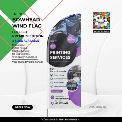 Premium Bowhead Wind Flag showcasing printing services with vibrant design, lightweight, and portable for marketing in Singapore.