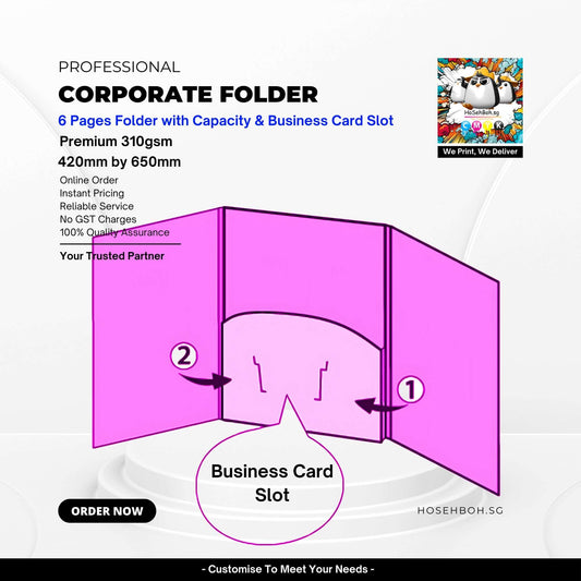 Premium 310gsm corporate folder with business card slot, 6 pages, dimensions 420x650mm, customizable printing in Singapore.
