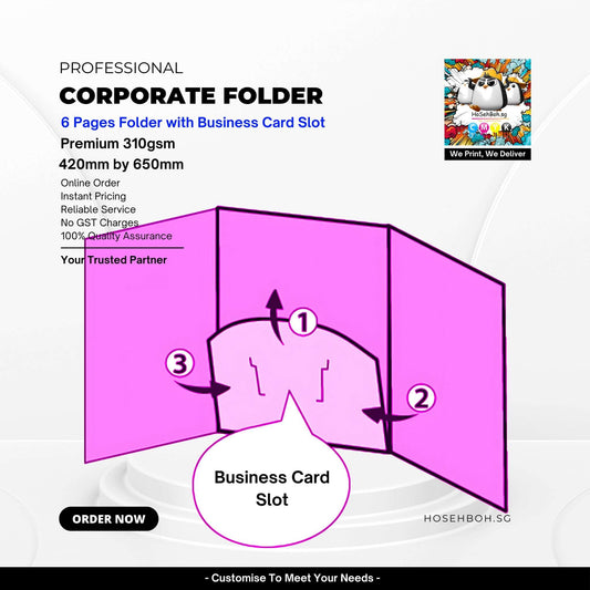 Professional 6 pages corporate folder with business card slot, 310gsm paper, 420x650mm size, customizable options available.