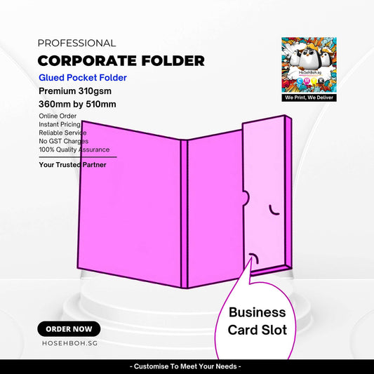 Premium 310gsm corporate folder with glued pocket and business card slot, ideal for presentations and meetings in Singapore.