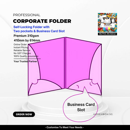 Premium 310gsm self-locking corporate folder with two pockets and business card slot.