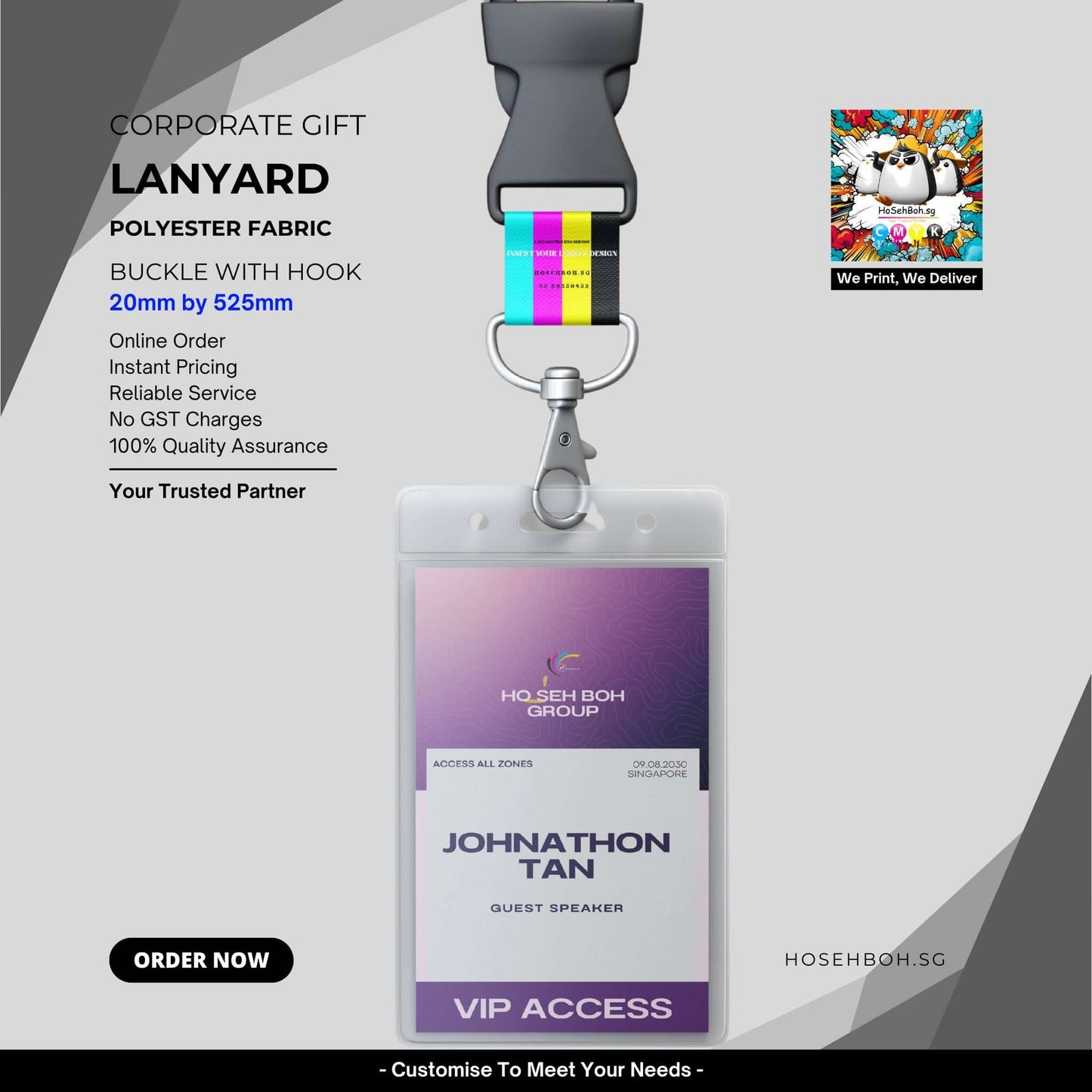 Custom lanyard made of polyester fabric with hook, featuring a VIP access card for corporate events.