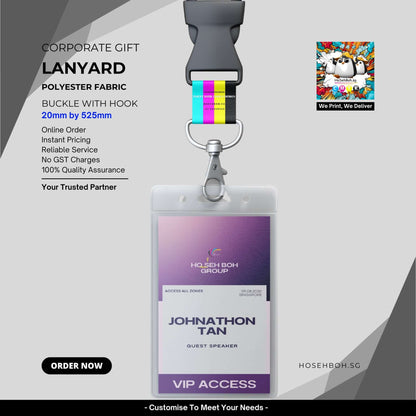 Custom lanyard made of polyester fabric with hook, featuring a VIP access card for corporate events.