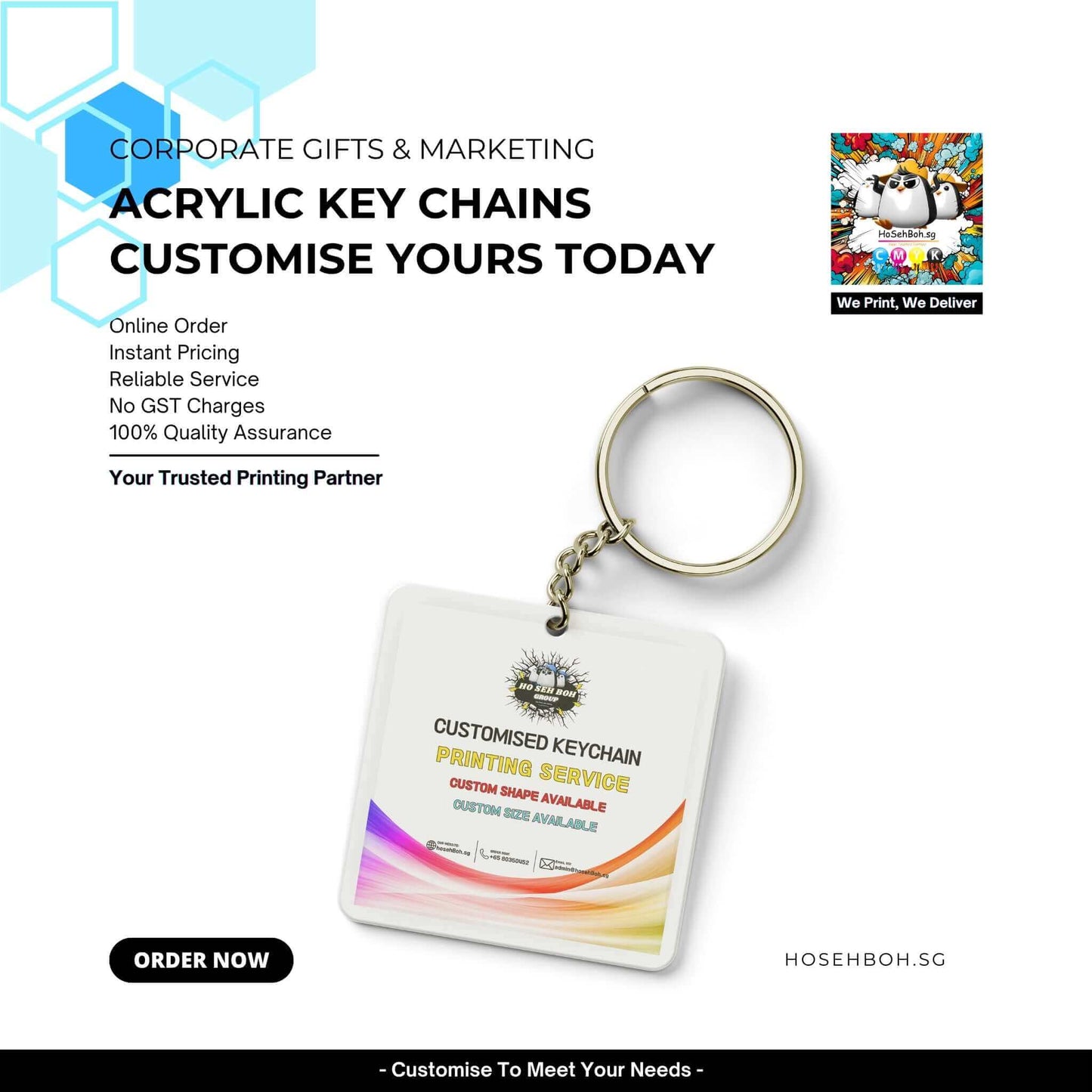 Acrylic keychain showcasing custom printing services with details for corporate gifts and marketing.