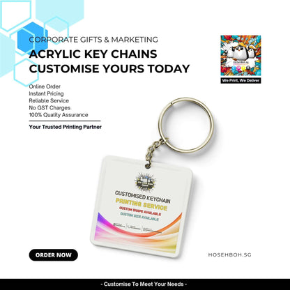 Acrylic keychain showcasing custom printing services with details for corporate gifts and marketing.
