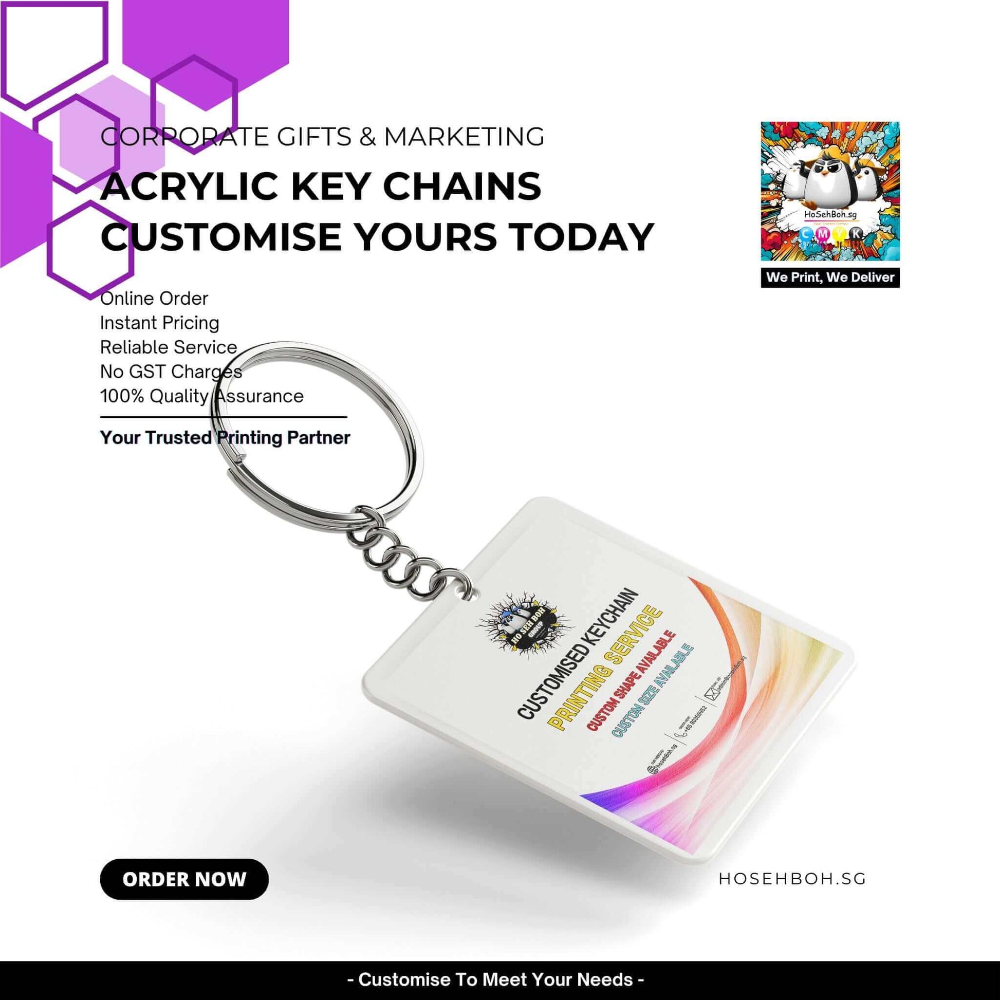 Acrylic keychain showcasing customized design features with promotional text and keyring attachment.
