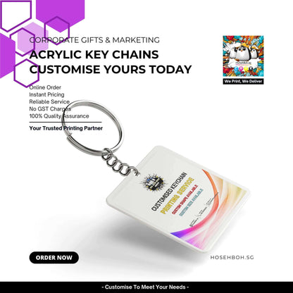 Acrylic keychain showcasing customized design features with promotional text and keyring attachment.
