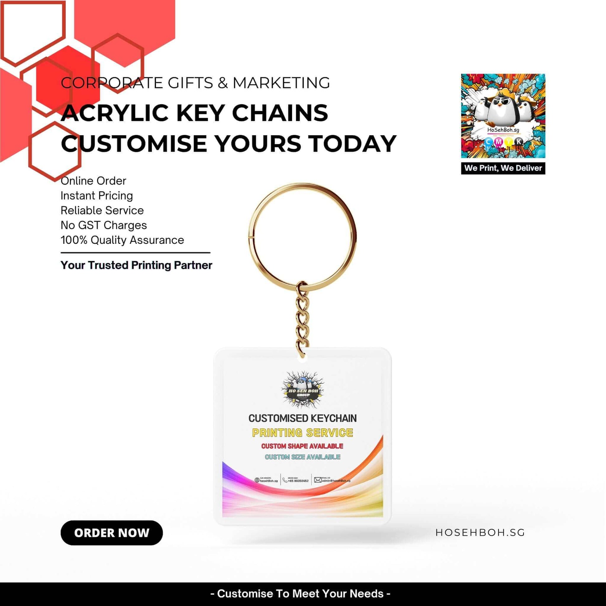 Acrylic keychain displaying custom printing services, promoting personalized keychains for corporate gifts.