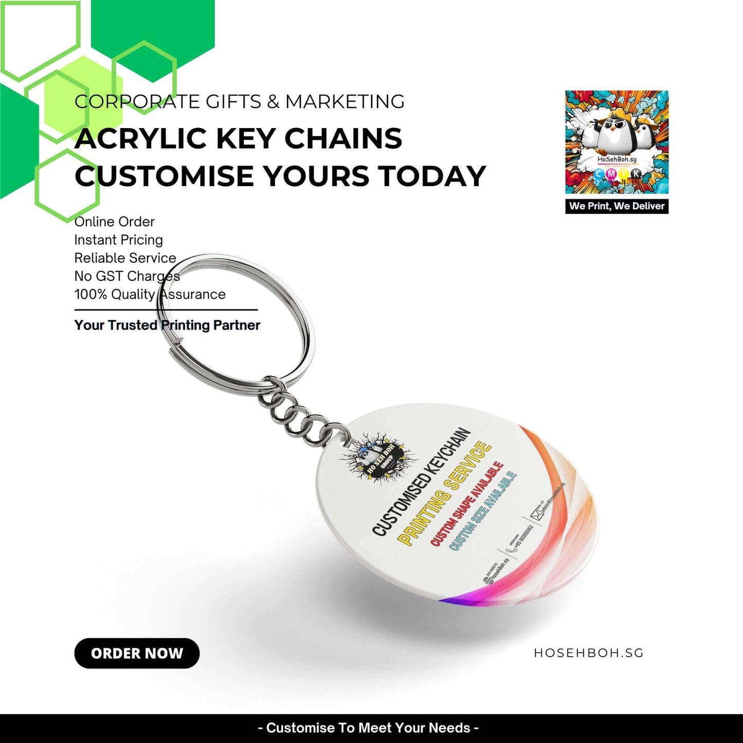 Acrylic keychain printing with colorful design and branding options for corporate gifts  by Ho Seh Boh Group Singapore