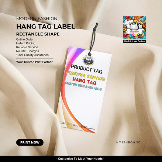 Modern fashion hang tag label in rectangle shape, highlighting printing services and custom sizes available.