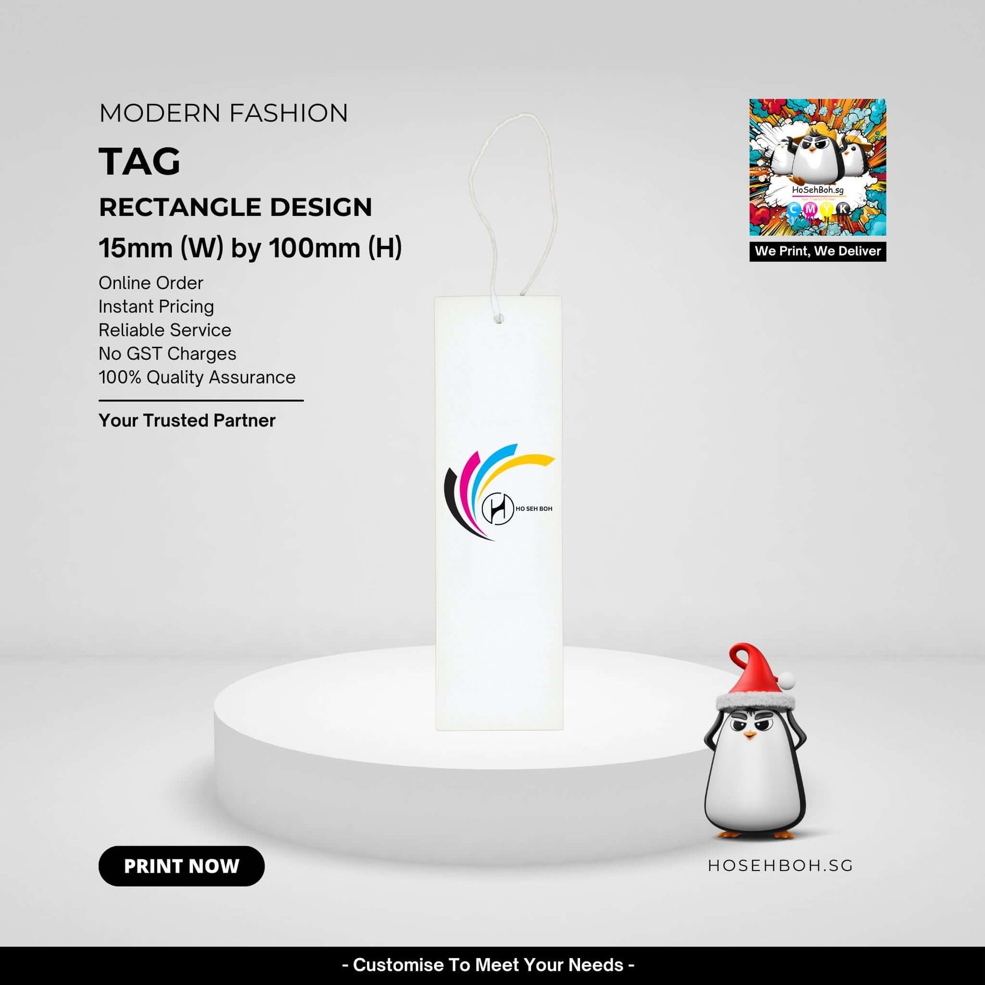 Custom rectangle hang tag design for modern fashion products, 15mm x 100mm, by Ho Seh Boh Group.