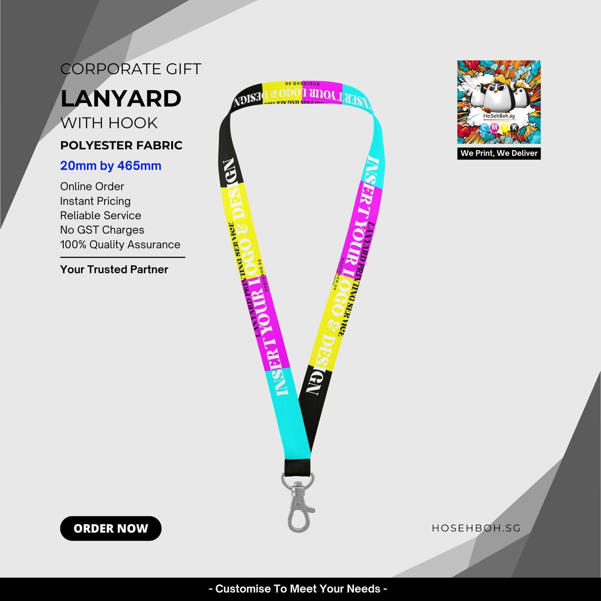 Stylish polyester lanyard with hook, ideal for corporate gifts, customizable for branding in Singapore.