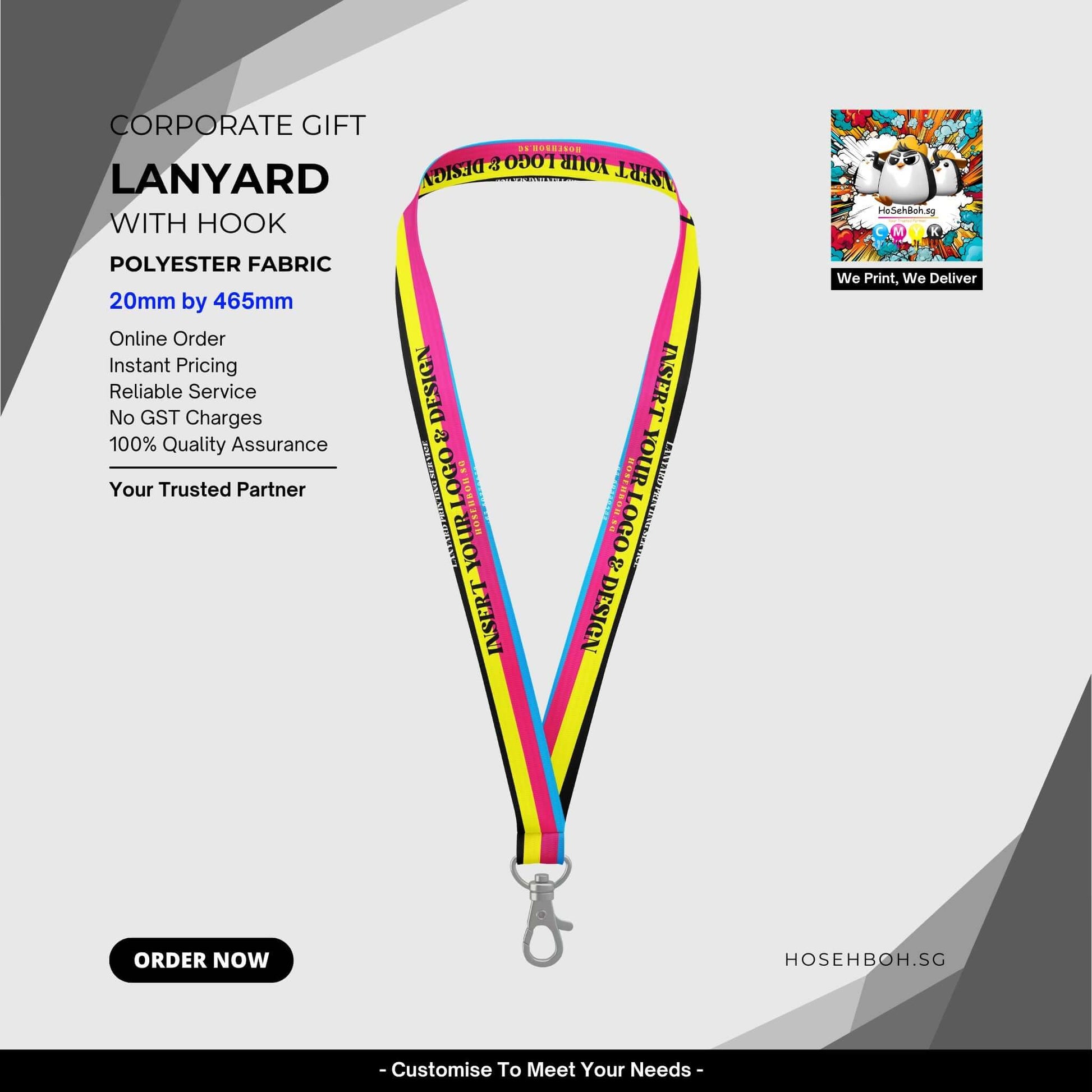 Custom lanyard with hook in vibrant colors, made of polyester fabric, ideal for corporate gifts and branding.