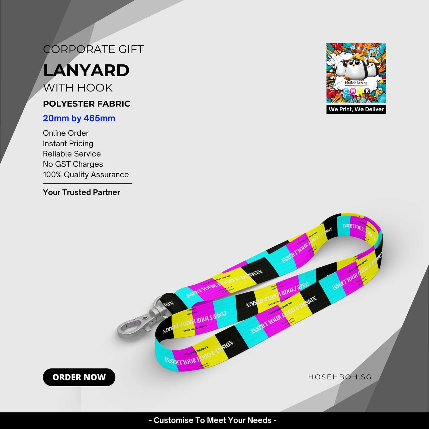 Customizable polyester lanyard with hook, 20mm x 465mm, for corporate branding in Singapore.