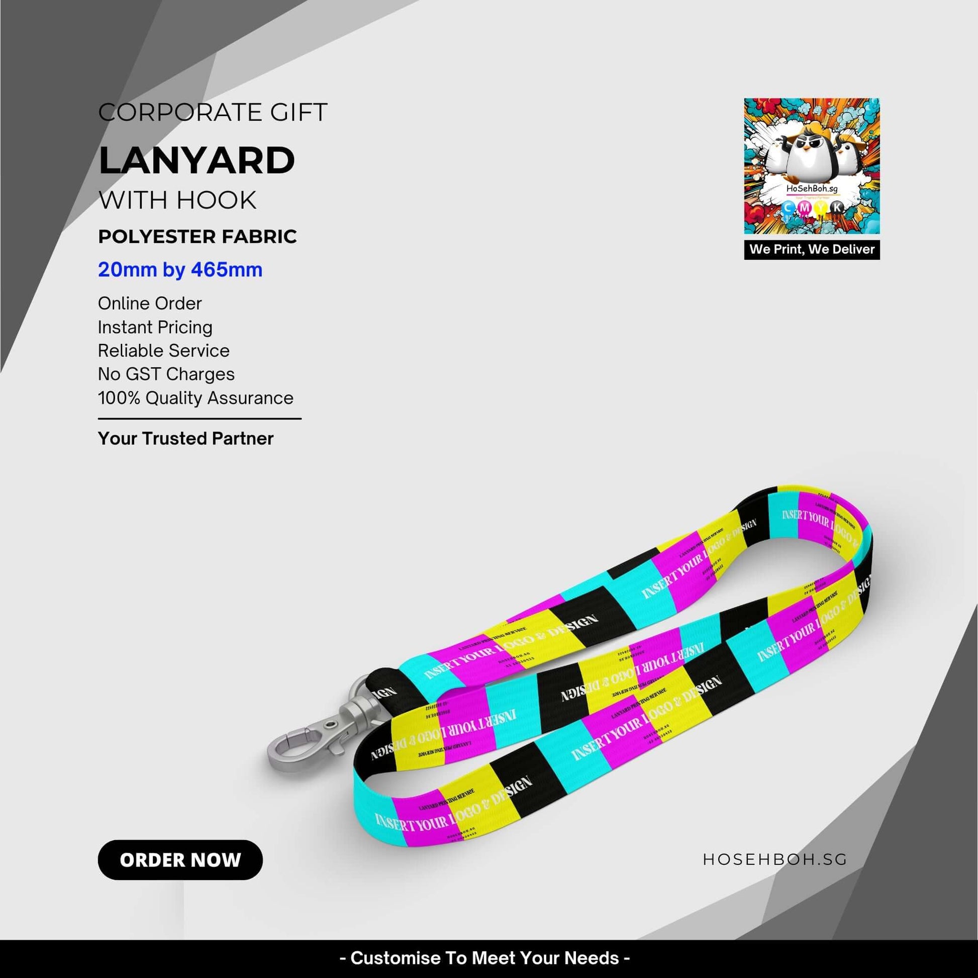 Customizable polyester lanyard with hook, 20mm x 465mm, for corporate branding in Singapore.