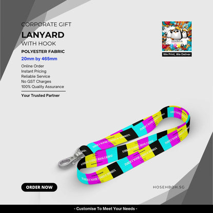 Customizable polyester lanyard with hook, 20mm x 465mm, for corporate branding in Singapore.