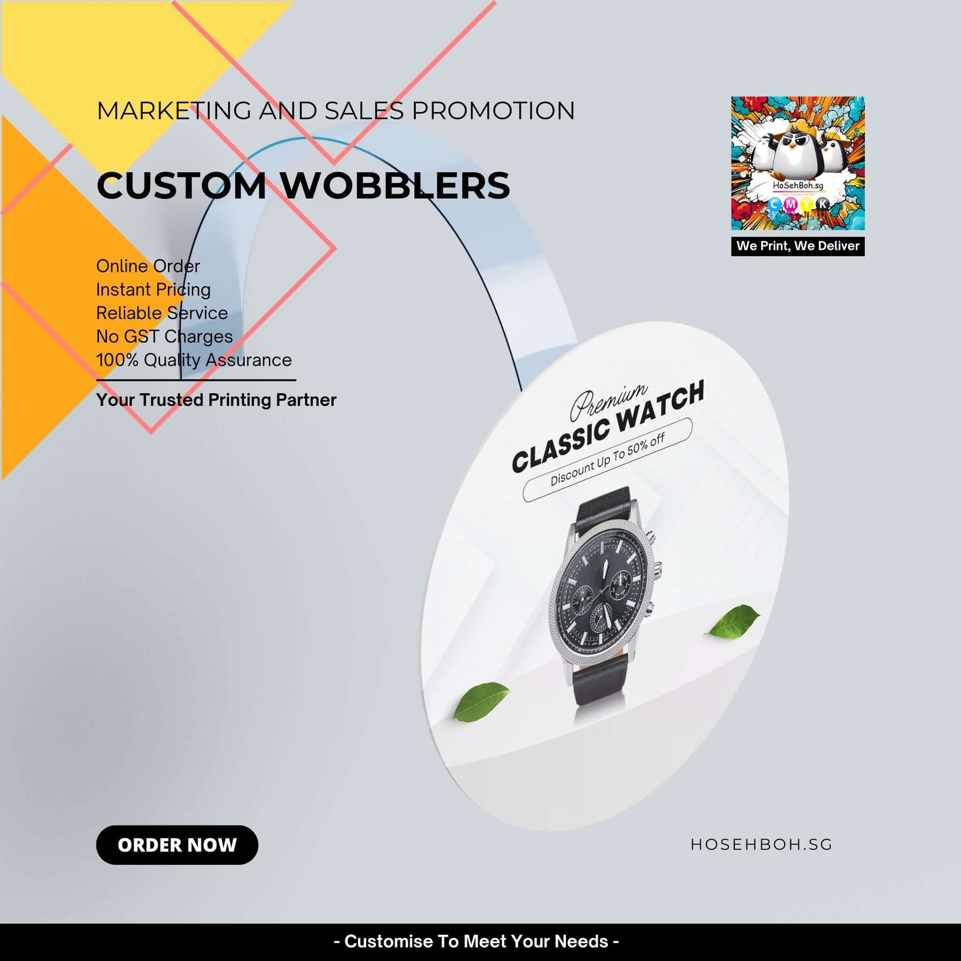 Custom wobblers for marketing promotions showcasing a classic watch on a vibrant background by Ho Seh Boh Group.