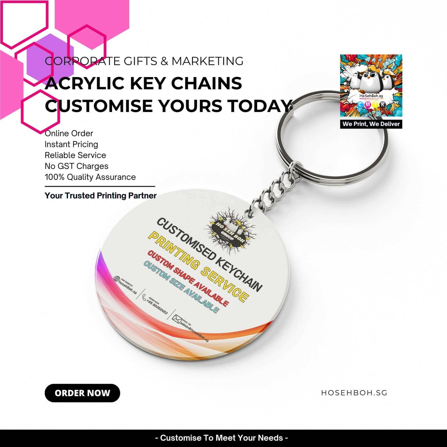 Acrylic keychain printing with customizable design, promoting a reliable corporate gift service by Ho Seh Boh Group Singapore