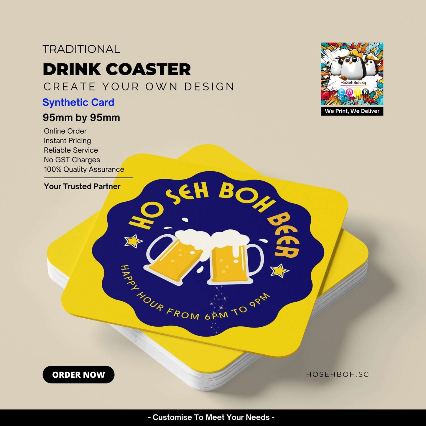 Custom drink coaster for bars, 95mmx95mm, designed for happy hour promotions, Ho Seh Boh Group Printing Service.