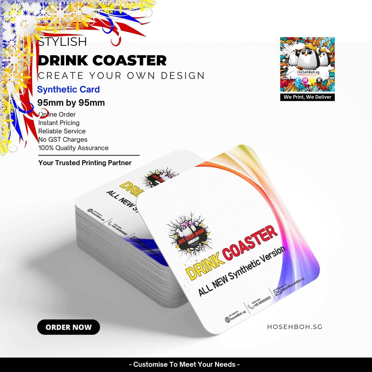 Stylish synthetic drink coasters; customizable design, 95mm x 95mm; printed by hosehBoh.sg for quality assurance.