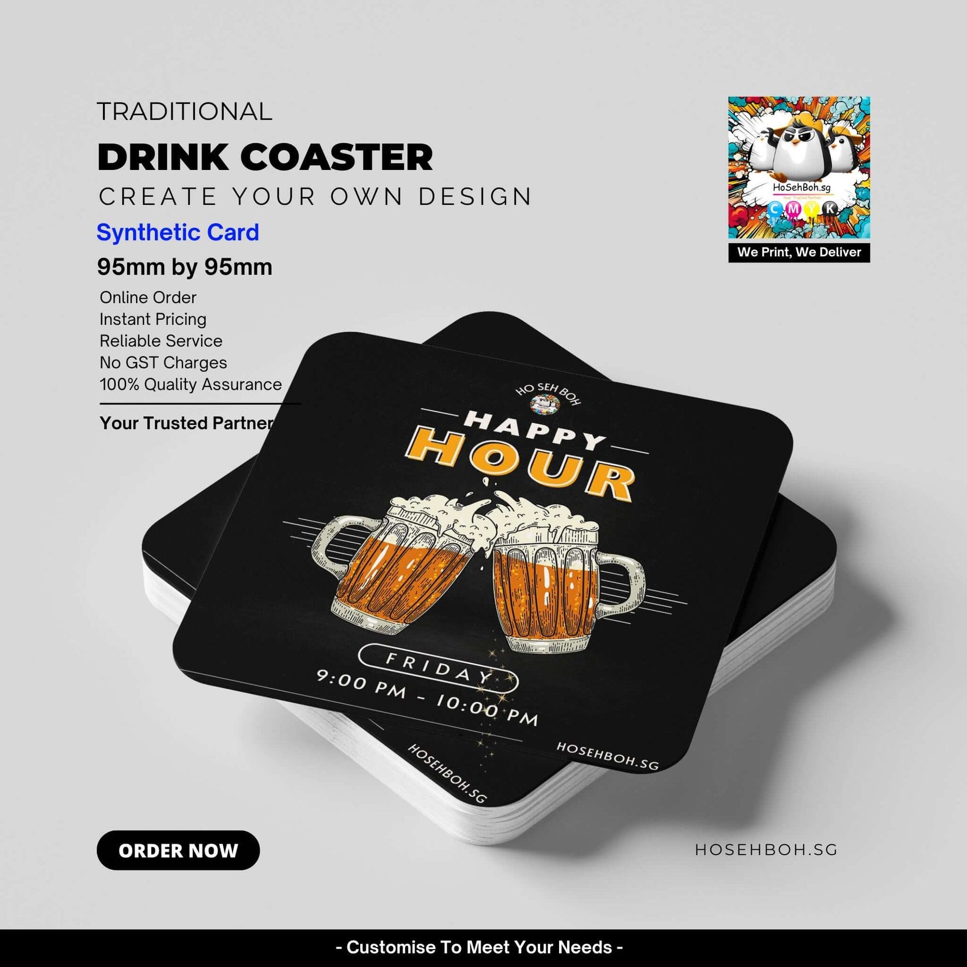 Customizable traditional drink coasters with happy hour design, ideal for restaurants and bars in Singapore.