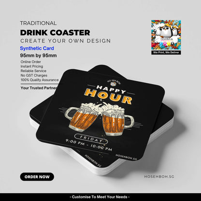 Customizable traditional drink coasters with happy hour design, ideal for restaurants and bars in Singapore.