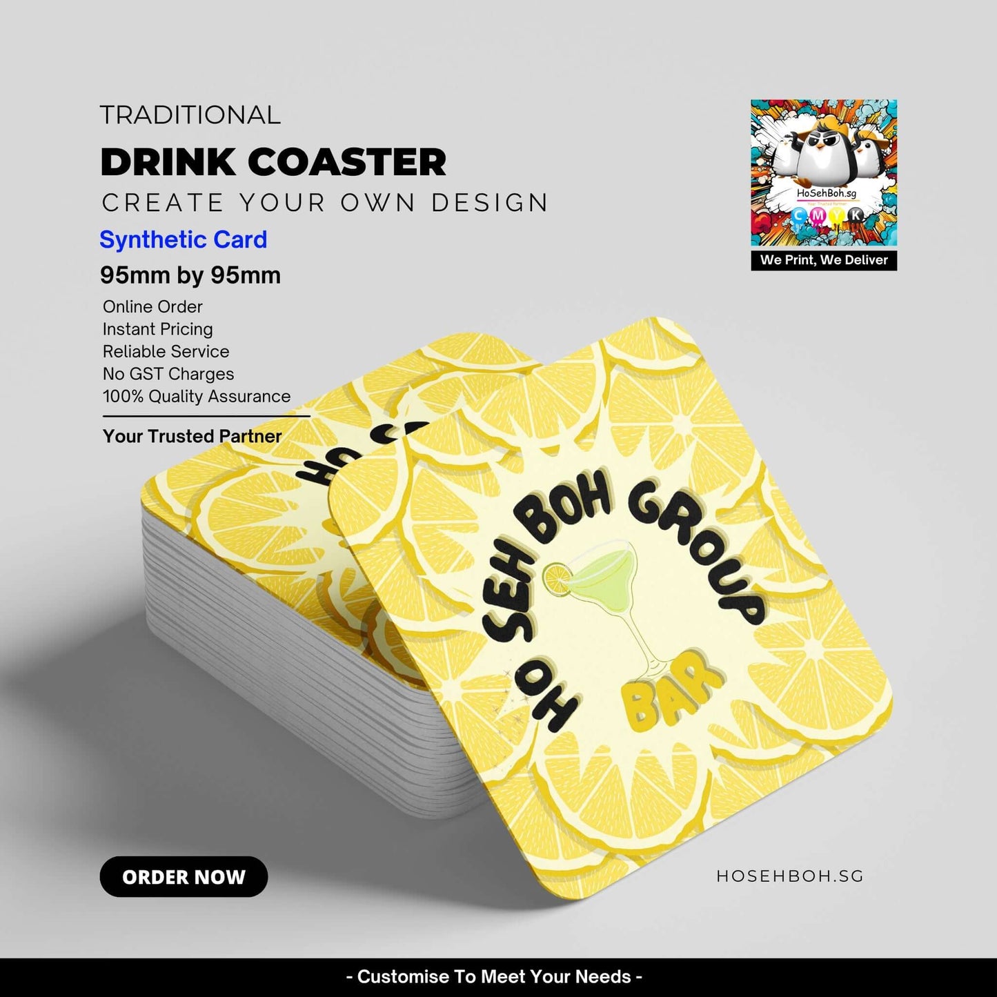 Custom drink coasters by HoSehBoh.sg, perfect for restaurants and bars in Singapore. Quality synthetic card design.