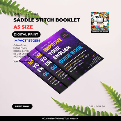 A5 saddle stitch booklet showcasing digital printing with vibrant design and text highlighting online order and quality.