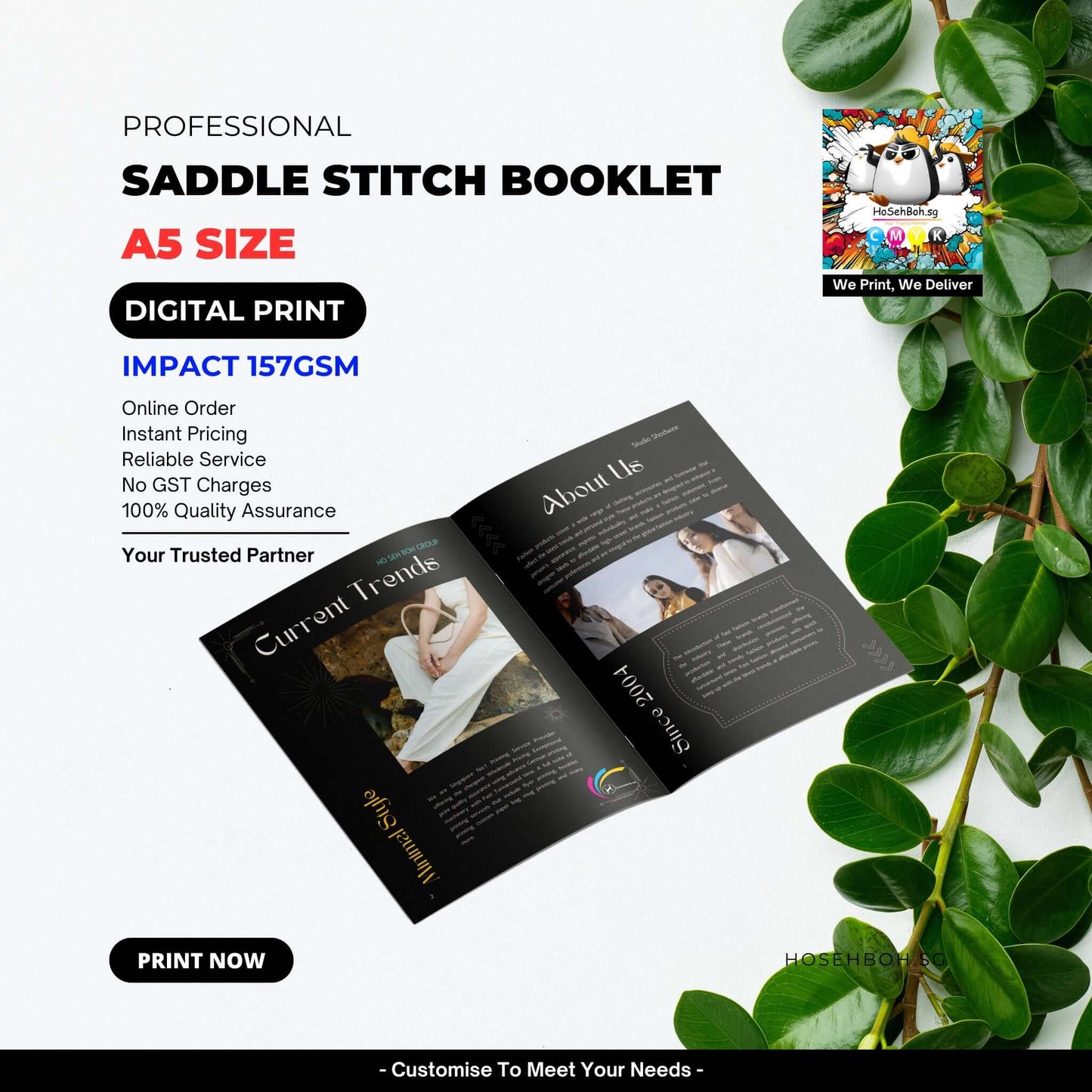Professional A5 size saddle stitch booklet showcasing digital print features and online ordering process.